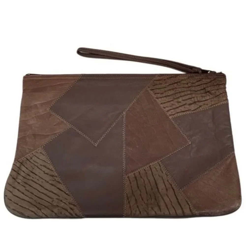 Vintage 80s 90s Clutch Wristlet Pouch Women's Brown Leather Patchwork Textured